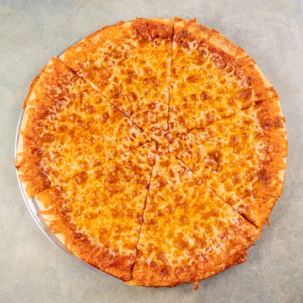 A whole cheese pizza, cut into eight slices, on a metal pizza pan.
